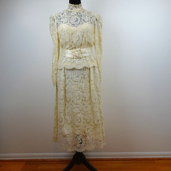 VTG 80s 90s Wedding Dress Ivory Lace Custom Made Size S Party Prom with Jacket - Picture 1 of 16